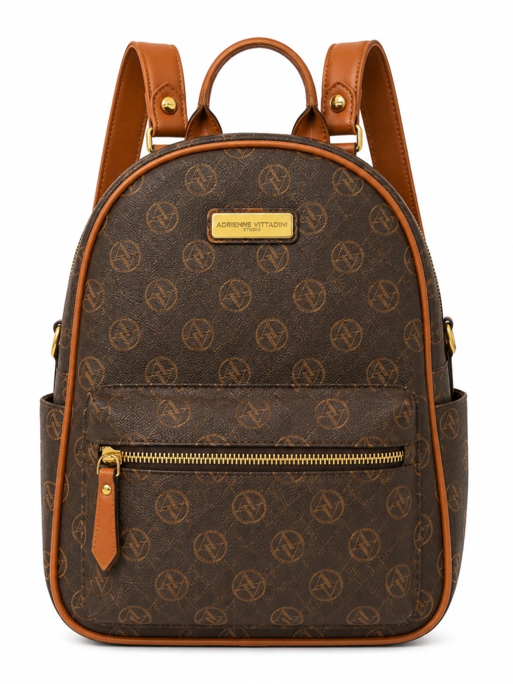 Adrienne Vittadini Brown Monogram Backpack – Cognac Trim – Excellent Condition